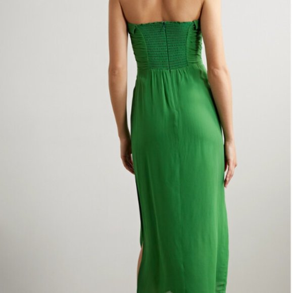 Reformation Lore Shirred Ruched Strapless Georgette Midi Dress Kelly Green 10 - Picture 2 of 9